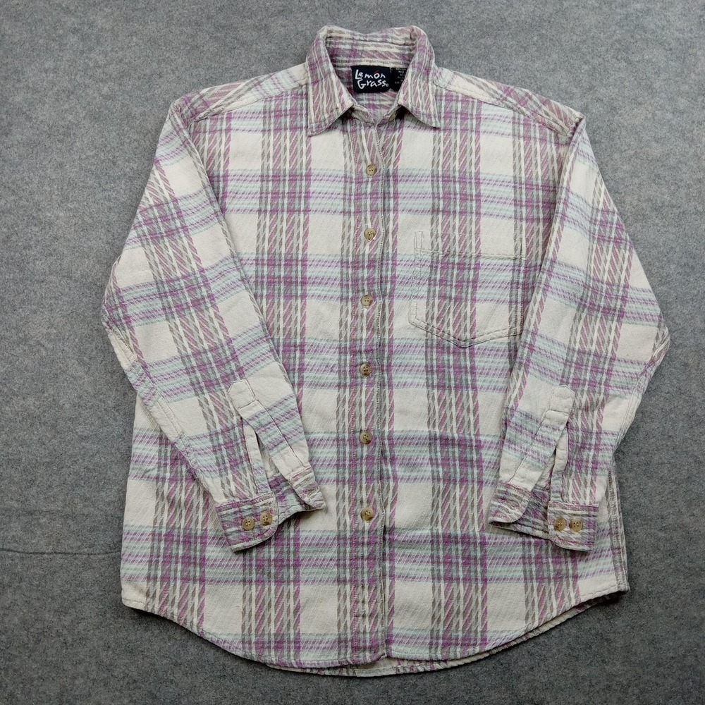 Lemon Grass Shirt Womens Medium Pink‎ Beige Plaid Long Sleeve Button Front